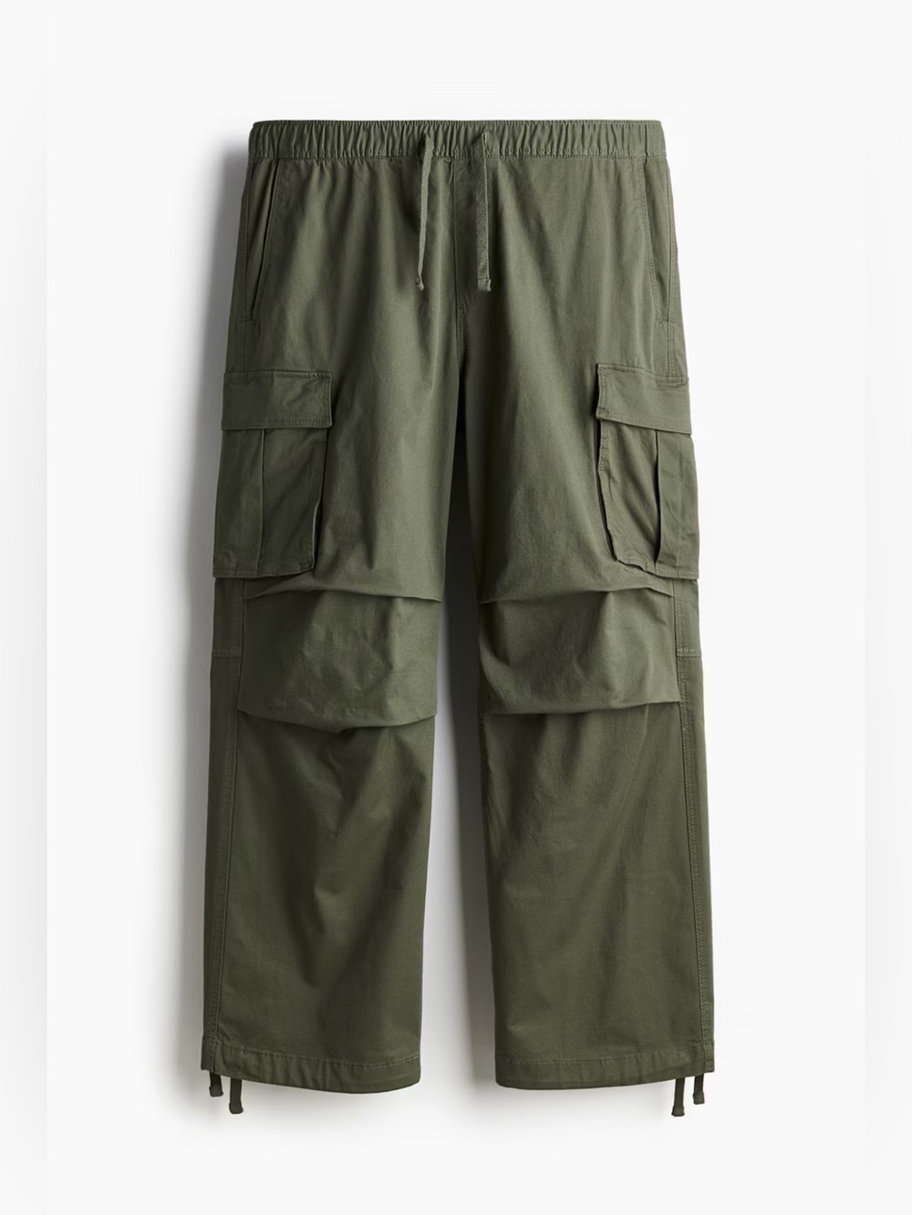 H&M Men's Khaki green Relaxed Fit Cargo Pants with Drawstring and elastic, small